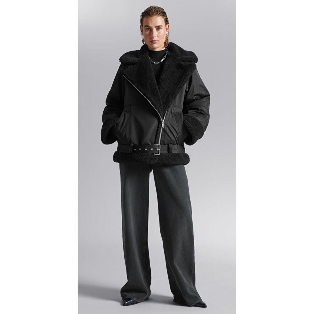 & Other Stories Stockholm Aviator Jacket Womens Large Black New Faux Shearling - Picture 2 of 16